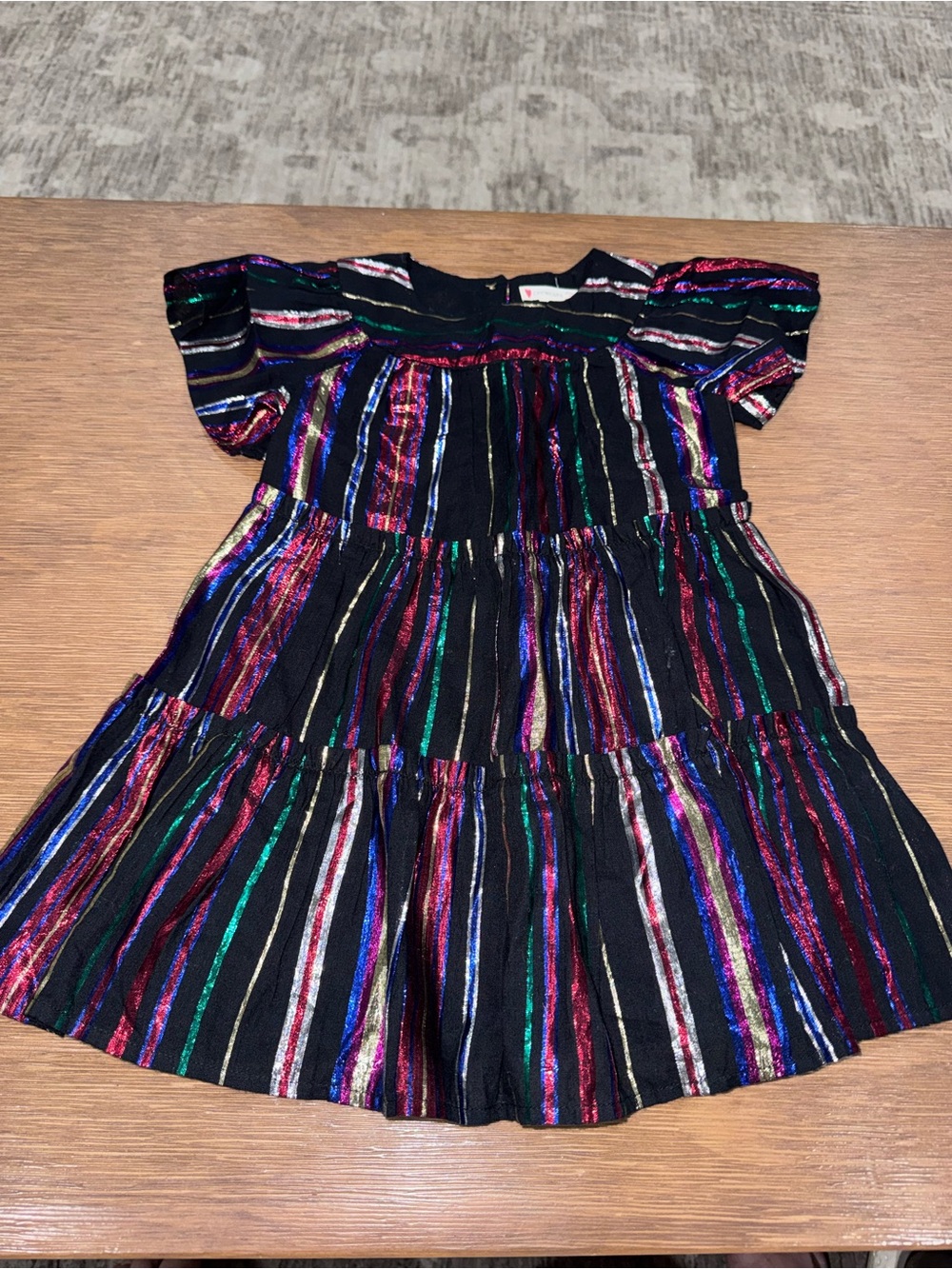 Girl’s Crewcuts Black Tiered Dress with Metallic Multi Stripes Sz 2